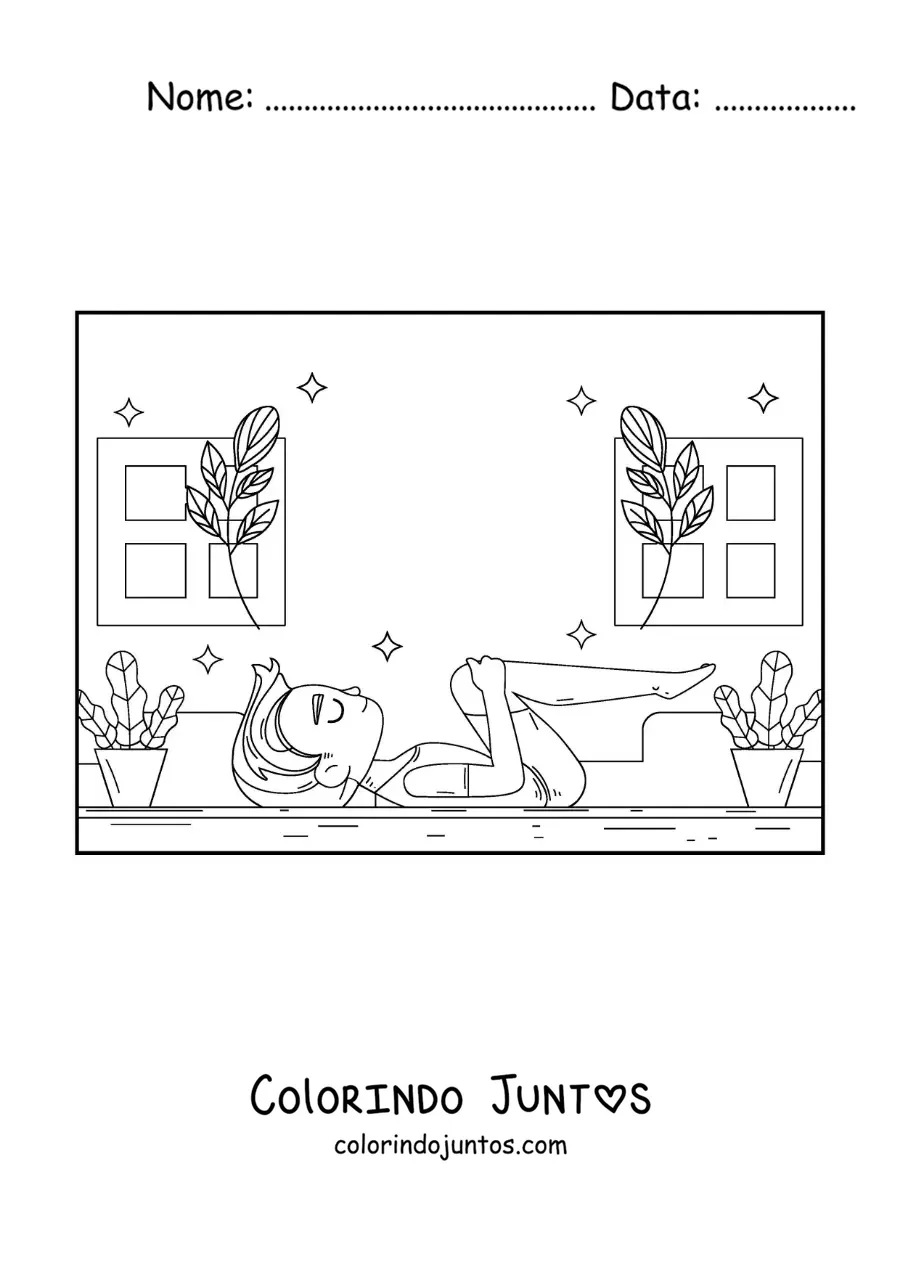 Desenho para colorir de um menino praticando ioga em casa