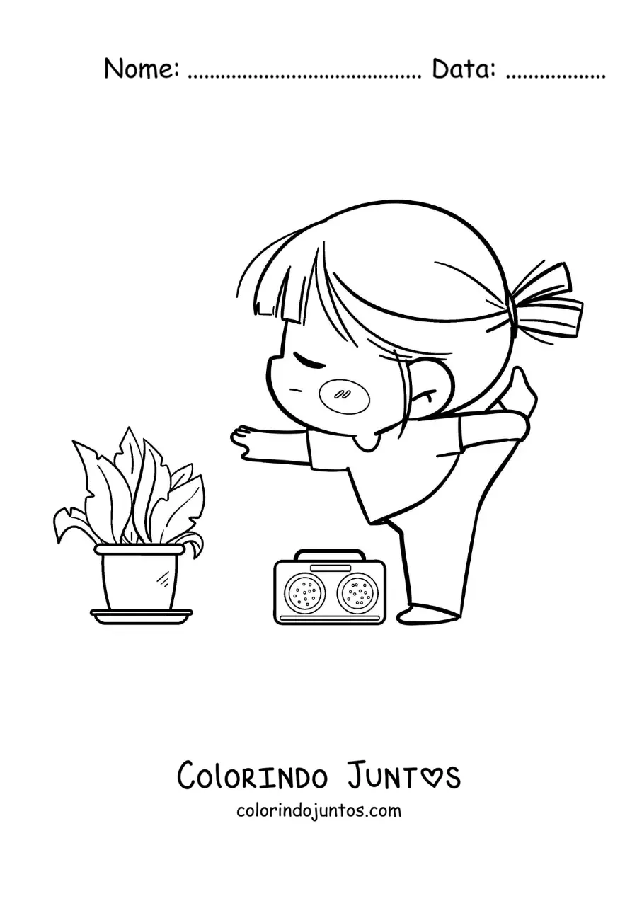 Desenho para colorir de uma garota kawaii fazendo ioga com música