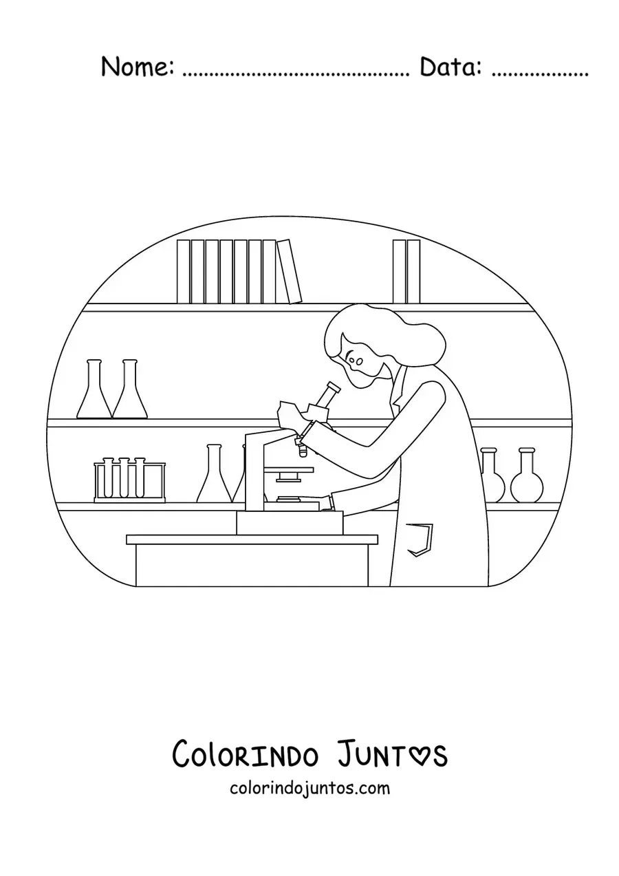 Desenho para colorir de uma mulher cientista em um laboratório