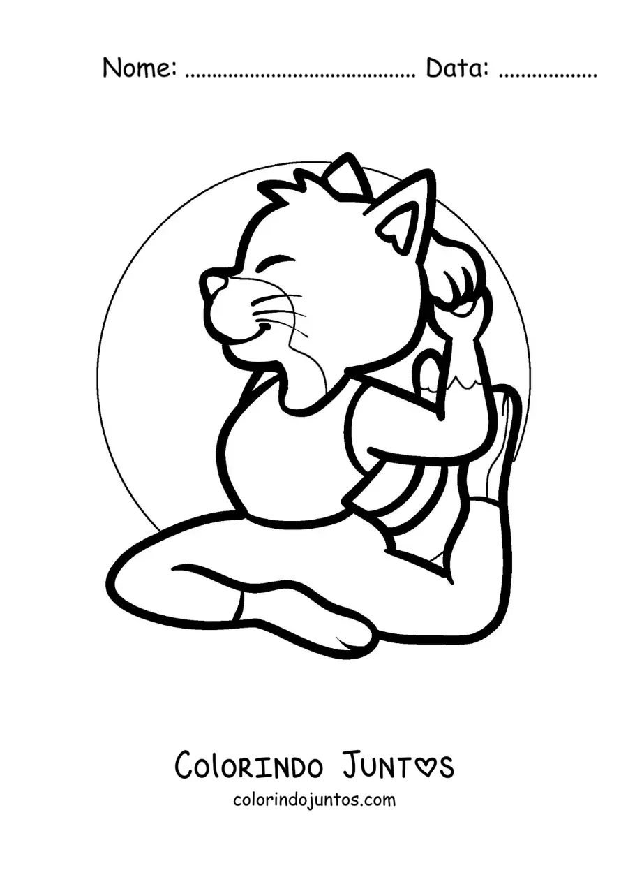 Desenho para colorir de um desenho de um gato praticando ioga