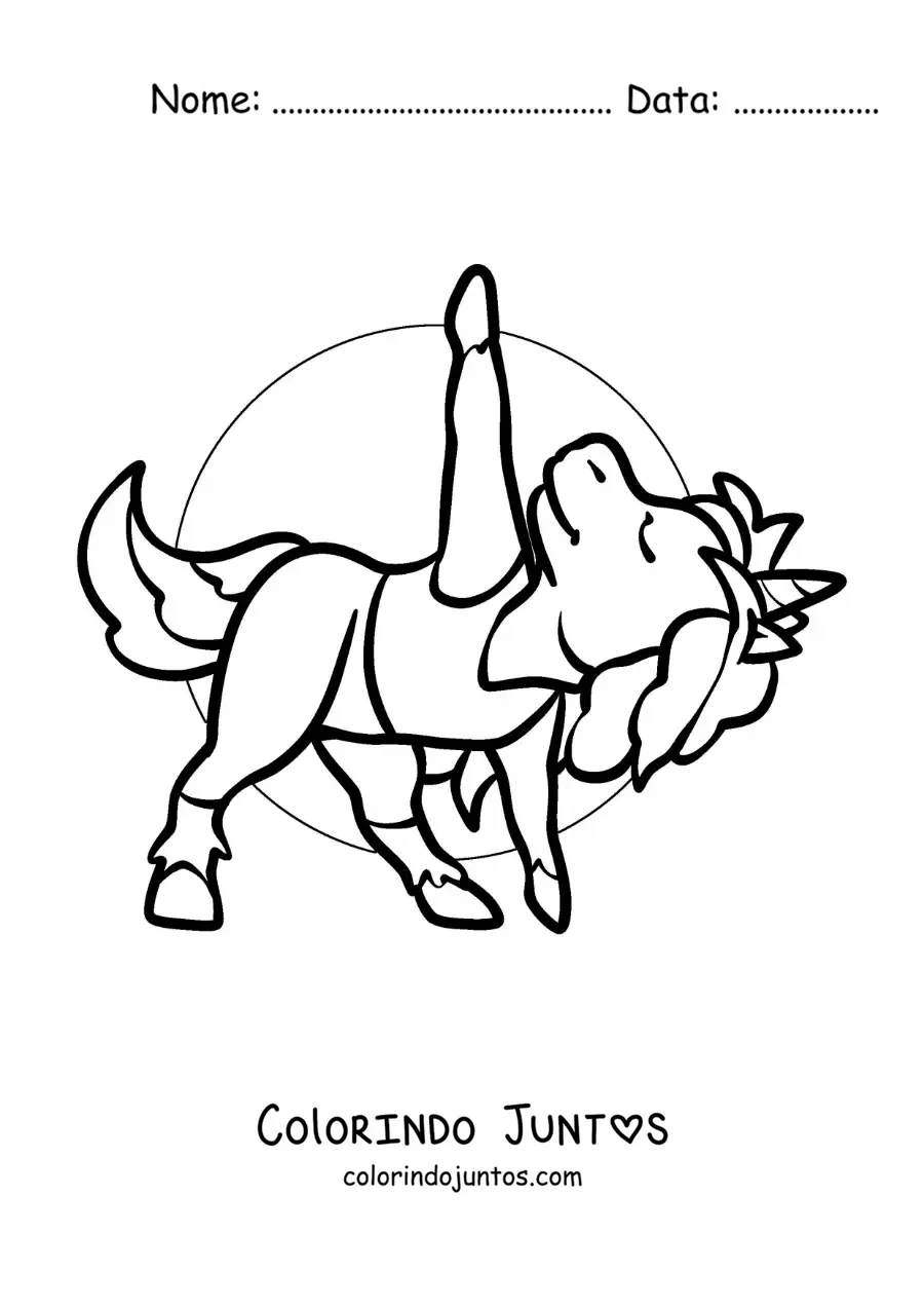 Desenho para colorir de um desenho de um unicórnio na postura do triângulo estendido