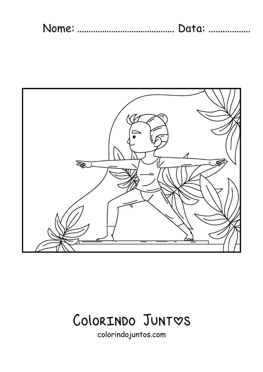 Desenho para colorir de uma garota na postura do guerreiro 2
