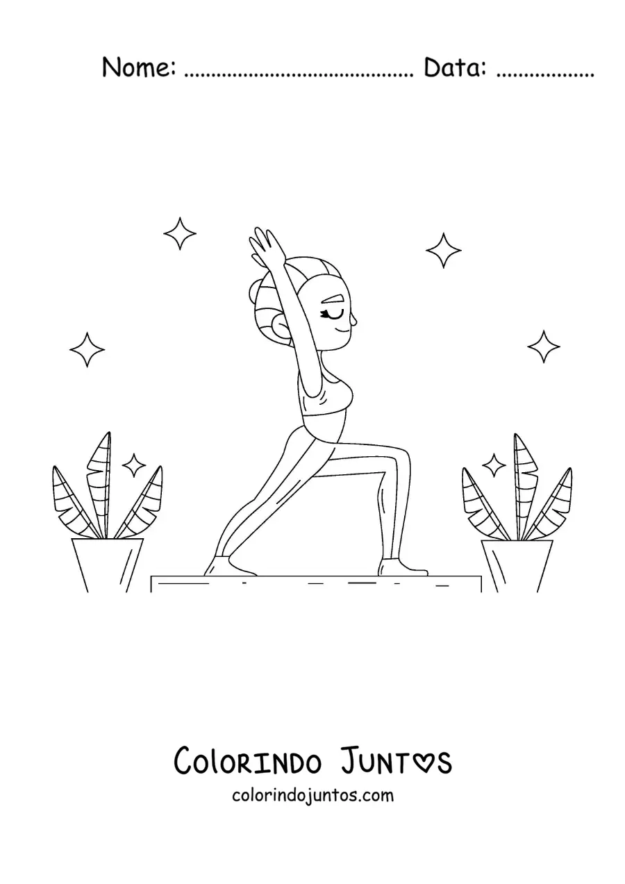 Desenho para colorir de uma garota na postura do guerreiro 1