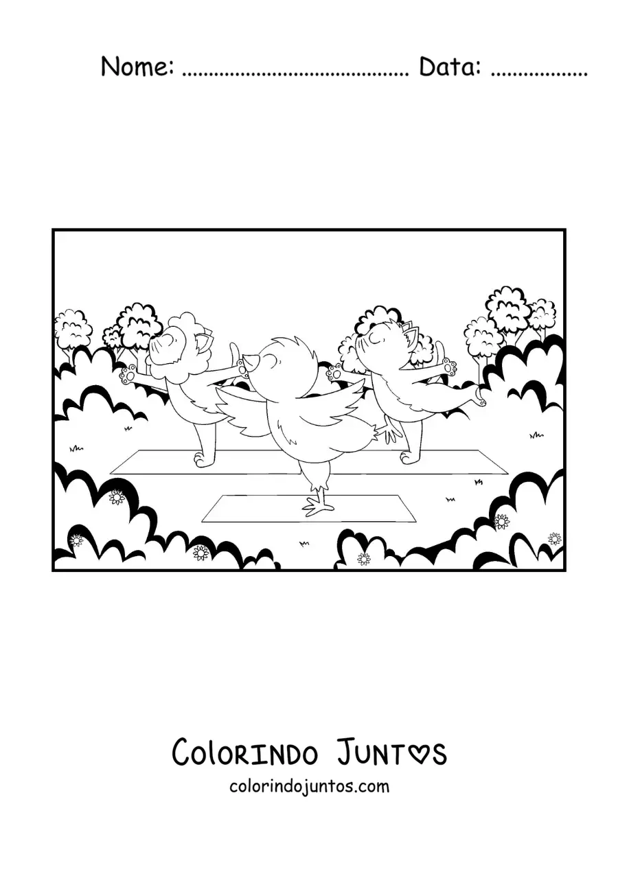 Desenho para colorir de animais animados praticando ioga