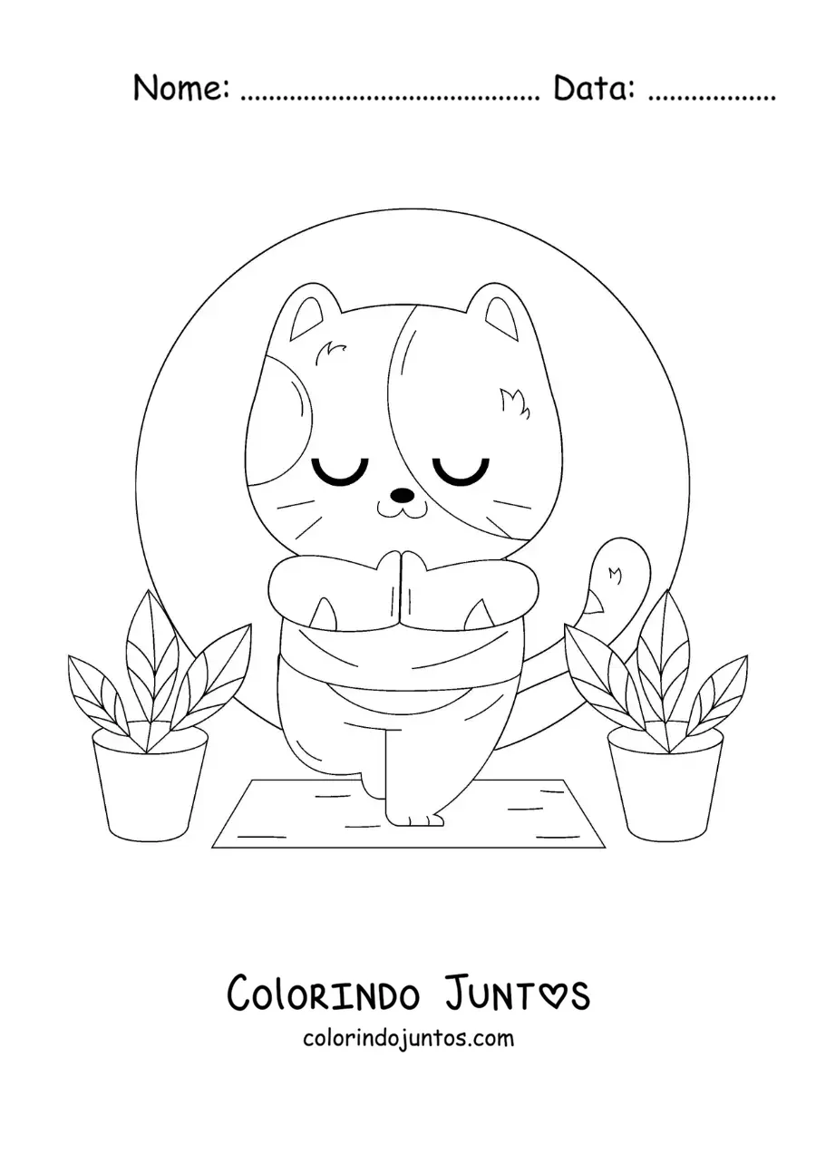 Desenho para colorir de um gato animado praticando ioga na postura da árvore