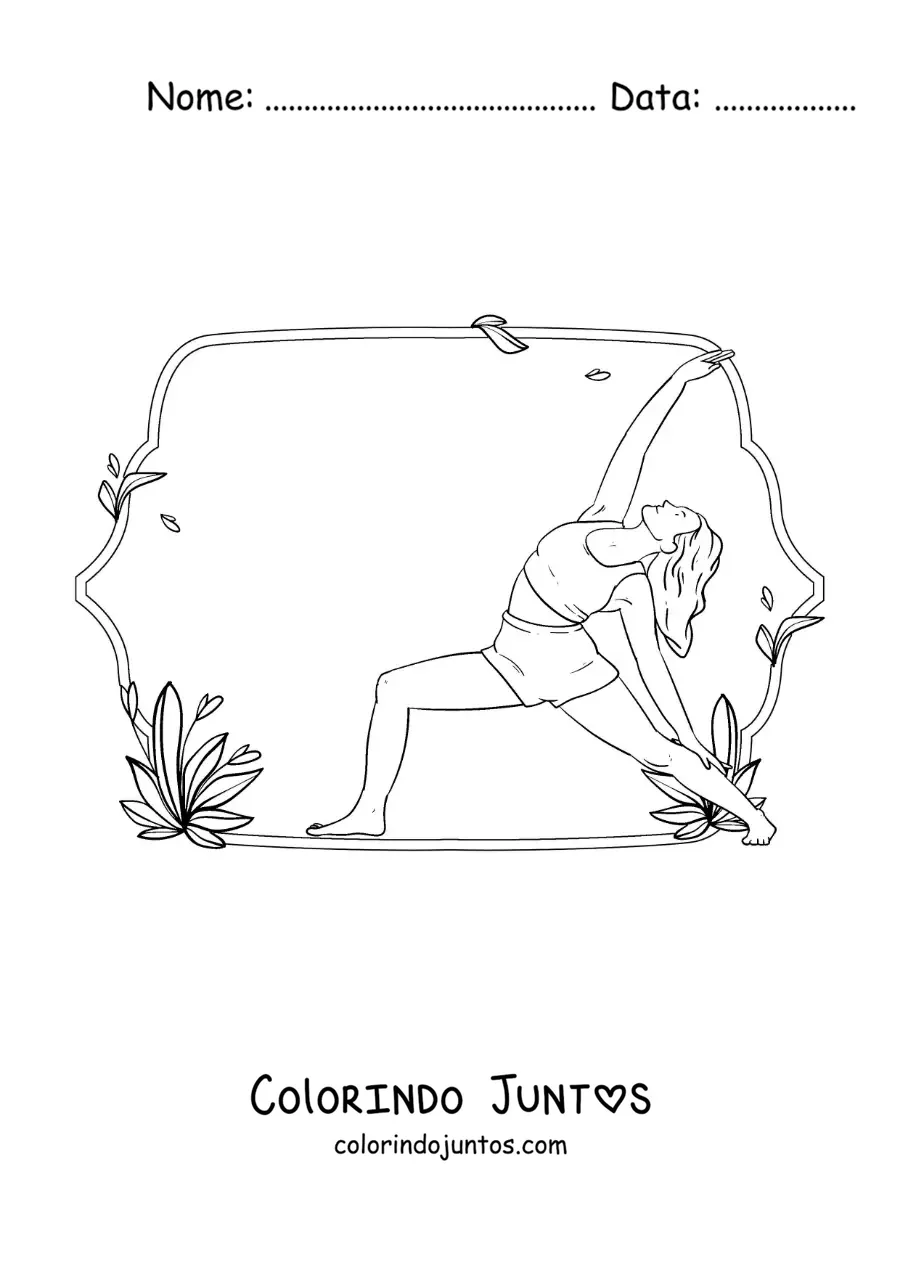Desenho para colorir de uma mulher praticando ioga na postura do guerreiro da paz