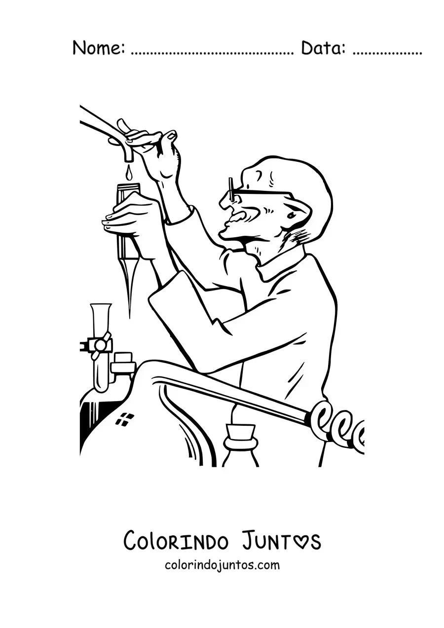 Desenho para colorir de um cientista fazendo um experimento de química