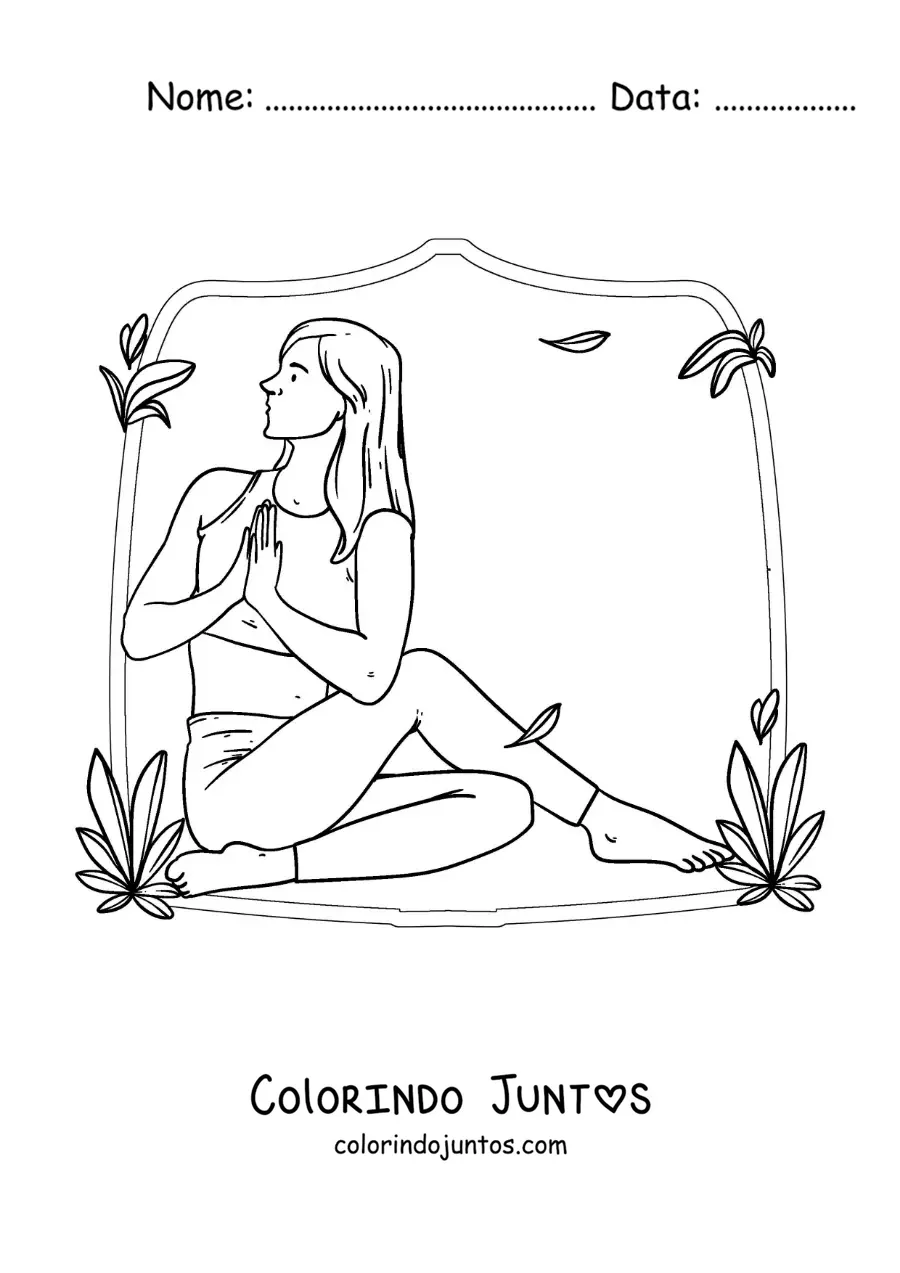 Desenho para colorir de uma mulher fazendo alongamentos de ioga