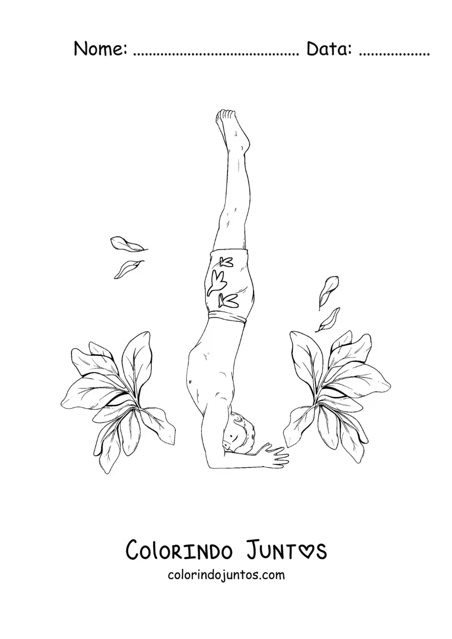 Desenho para colorir de um menino praticando ioga em uma postura sobre a cabeça