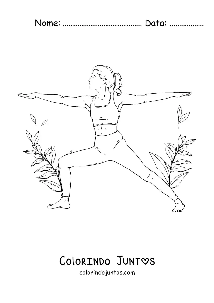 Desenho para colorir de uma mulher fazendo a postura do guerreiro 2