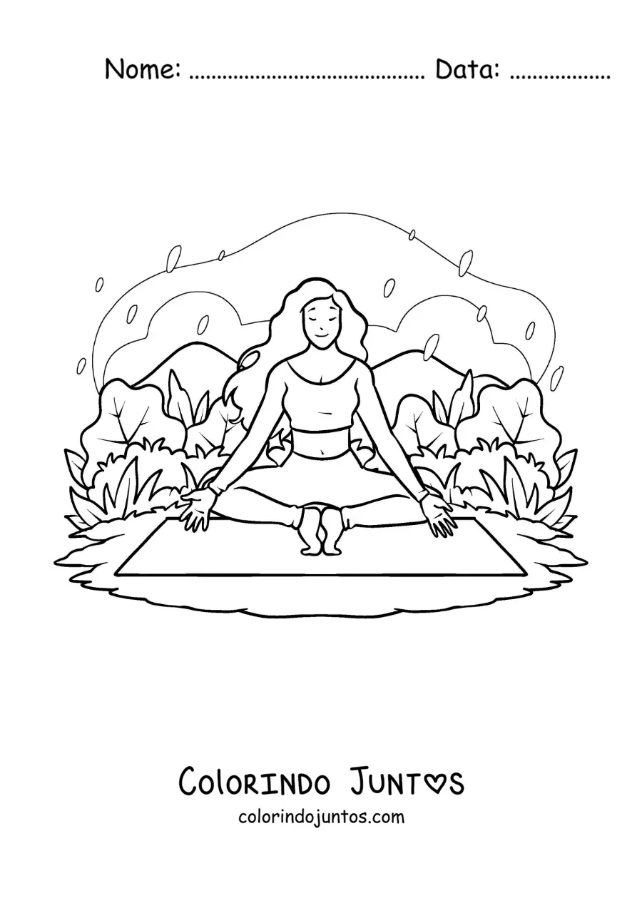 Desenho para colorir de uma garota meditando em um tapete de ioga no parque