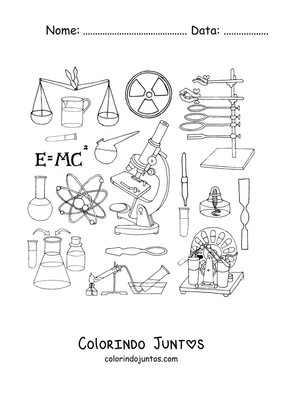 Desenho para colorir de vários instrumentos de laboratório científico