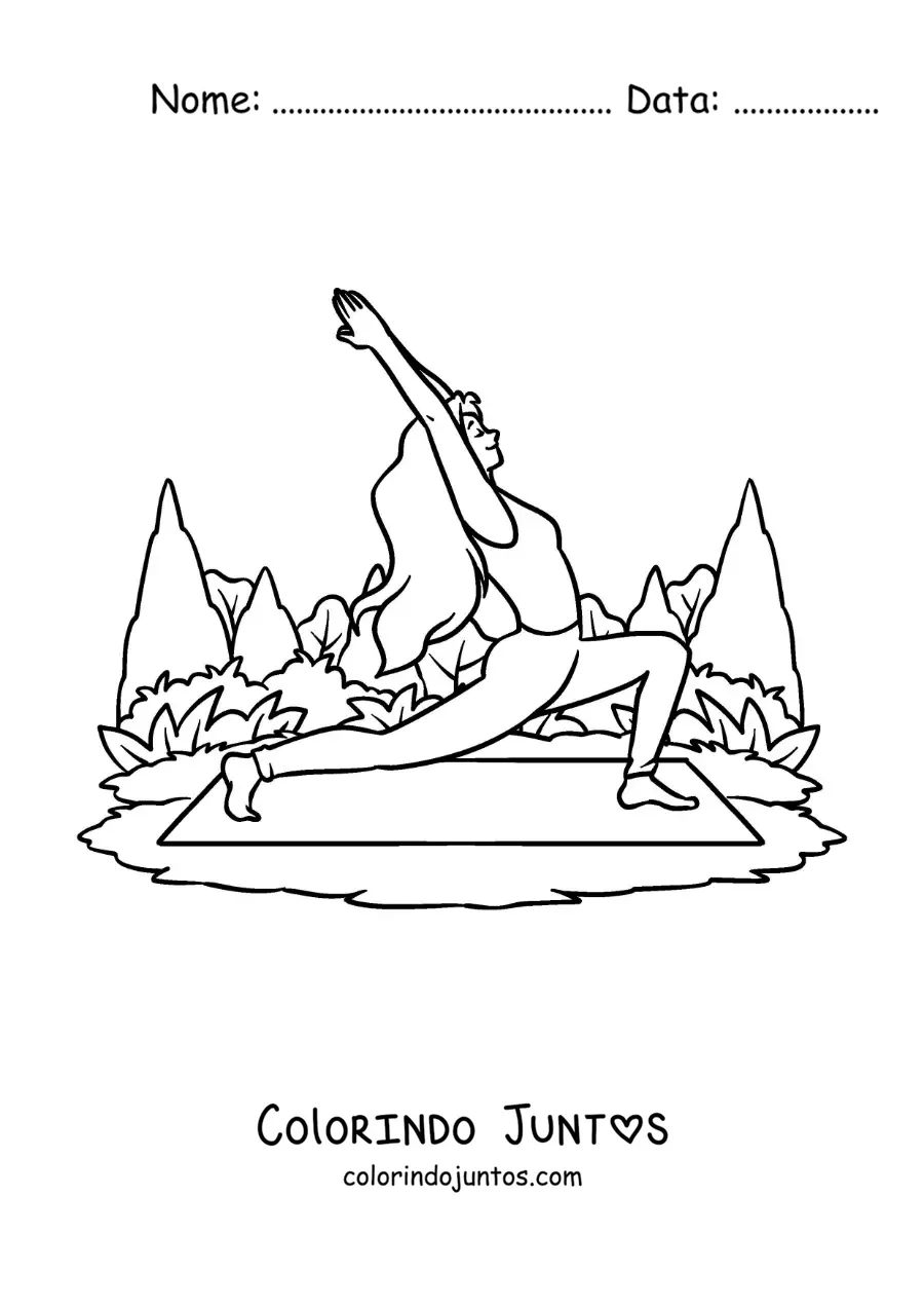 Desenho para colorir de uma garota praticando ioga em um tapete no parque