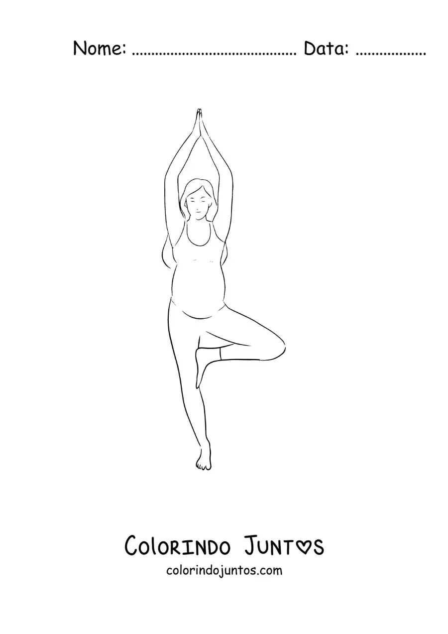 Desenho para colorir de uma mulher grávida fazendo a postura da árvore na ioga