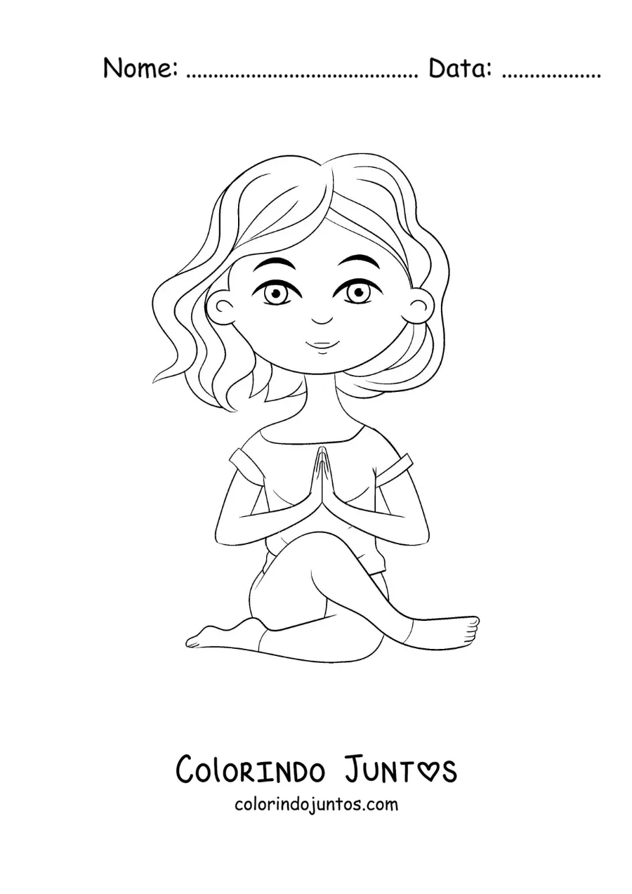 Desenho para colorir de um desenho de uma garota fazendo a postura do nó na ioga