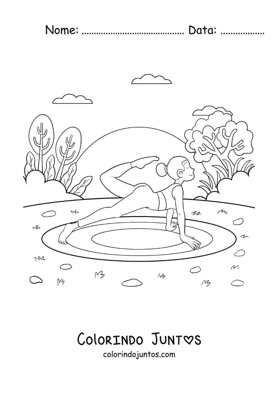 Desenho para colorir de uma mulher praticando ioga no parque