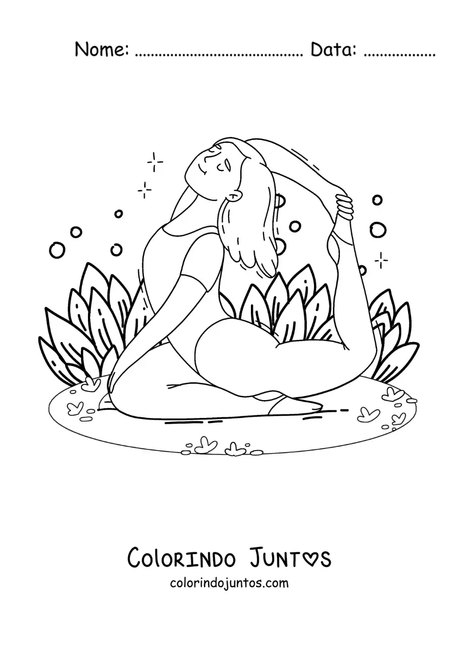 Desenho para colorir de uma mulher fazendo a postura do pombo no parque