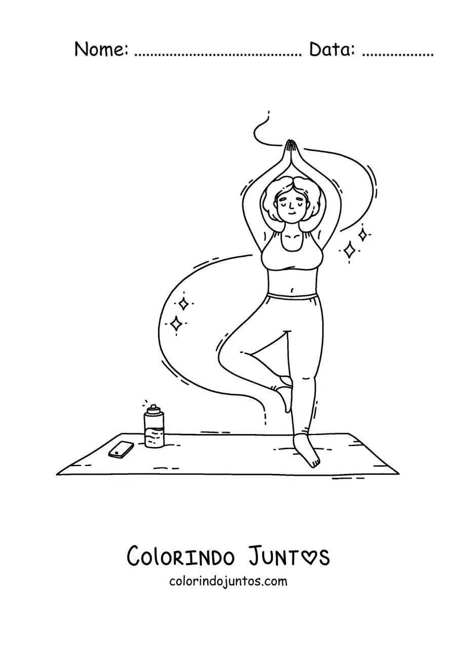 Desenho para colorir de uma garota fazendo a postura da árvore ao lado do celular e da água