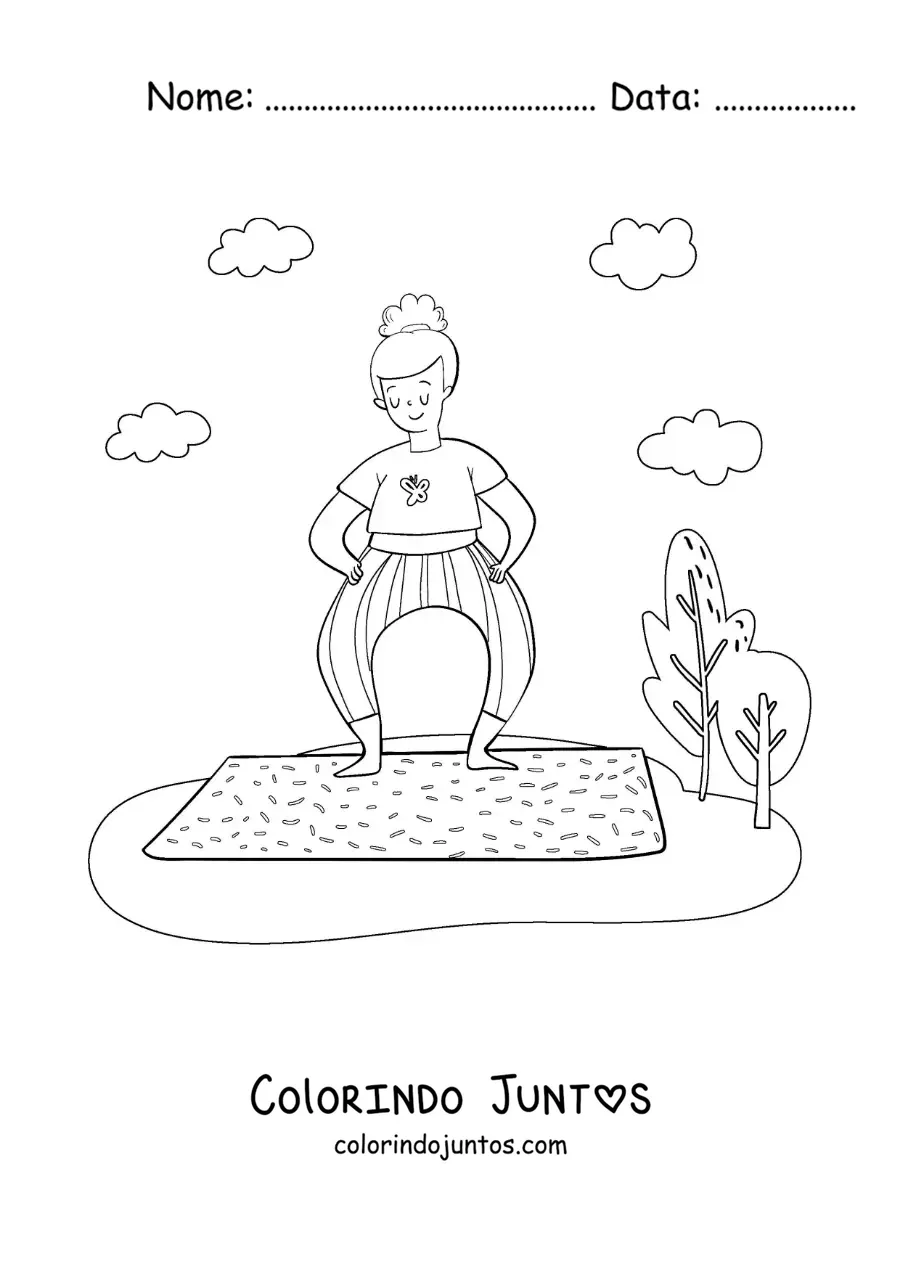 Desenho para colorir de uma mulher fazendo ioga em um parque