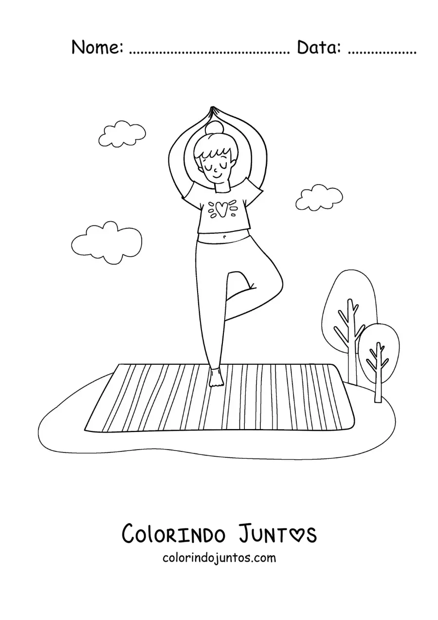 Desenho para colorir de uma mulher fazendo a postura da árvore em um parque