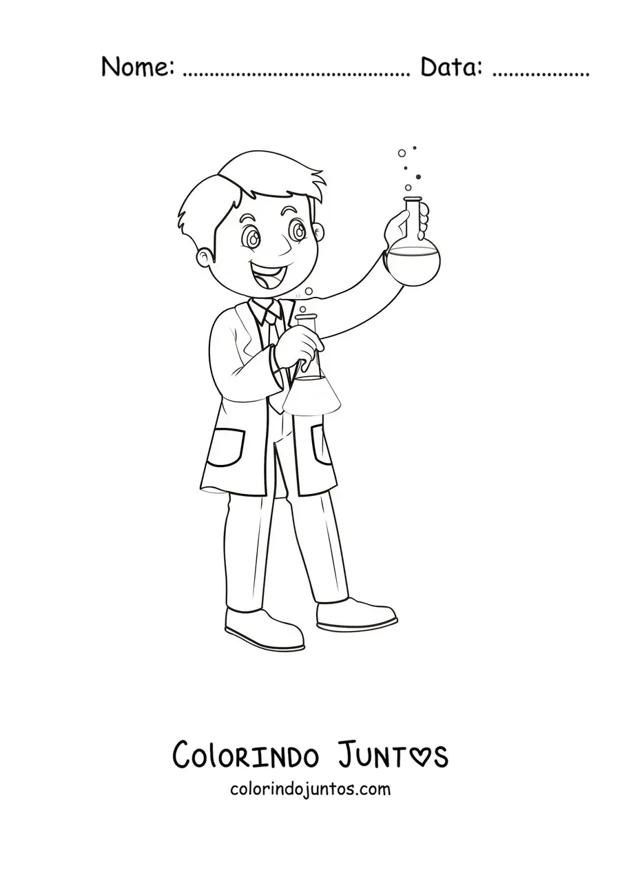 Desenho para colorir de um cientista animado segurando dois frascos químicos
