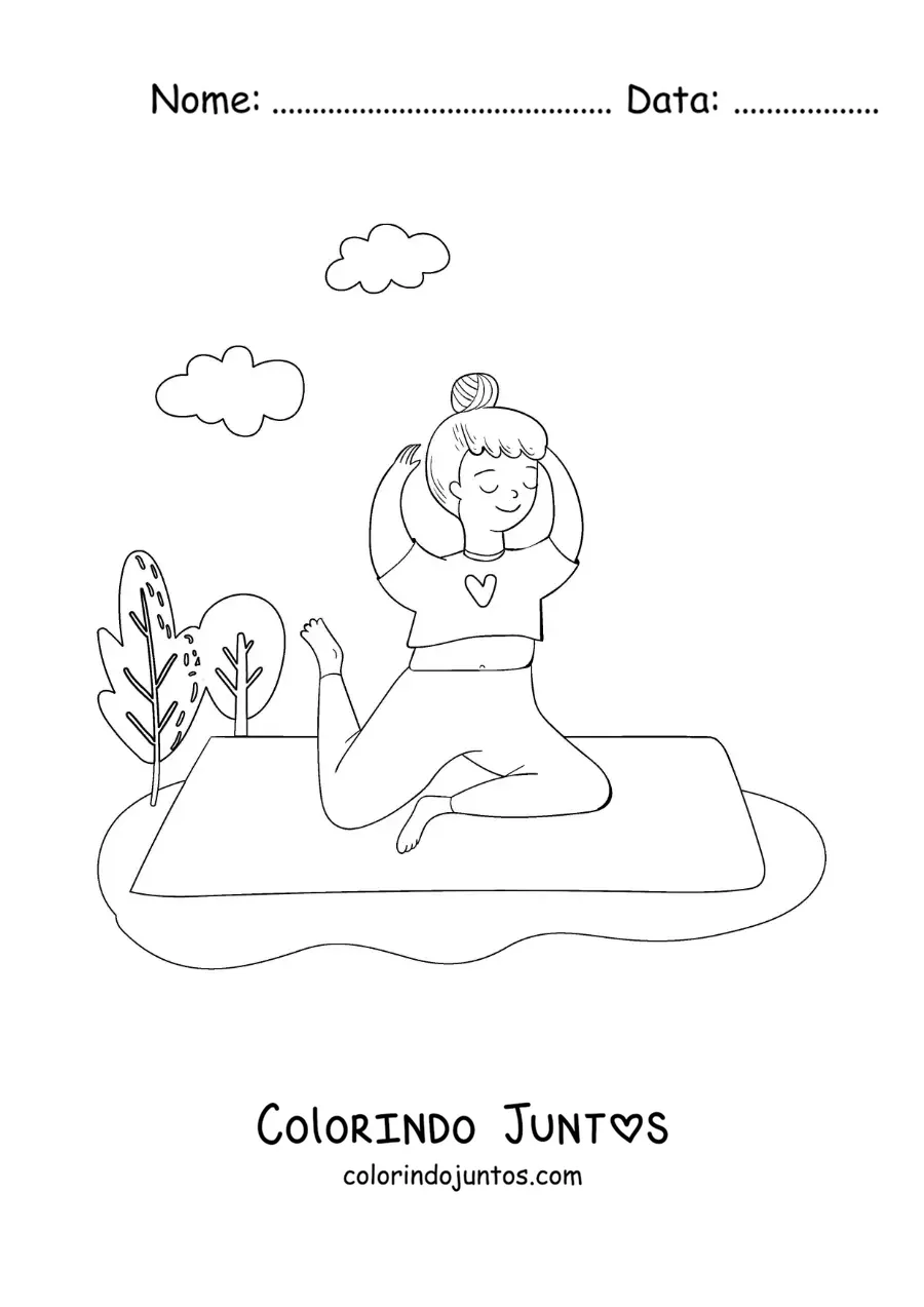 Desenho para colorir de uma adolescente fazendo a postura do pombo no parque