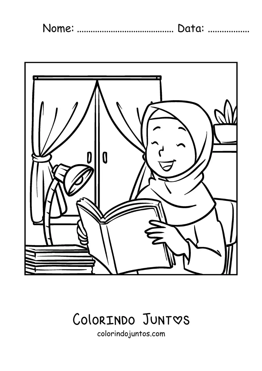 Desenho para colorir de uma menina de hijab lendo um livro no quarto