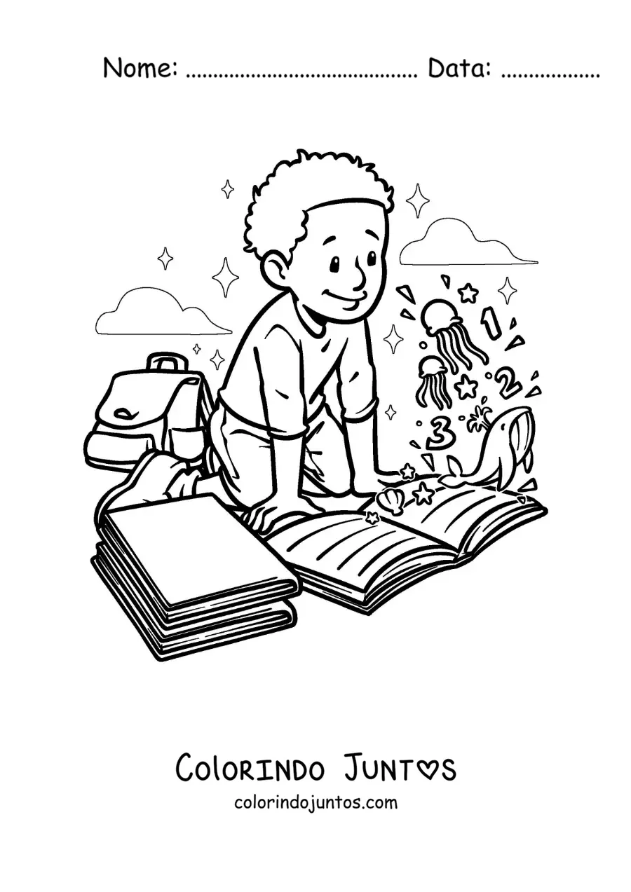 Desenho para colorir de um menino lendo um livro sobre animais marinhos que ganha vida