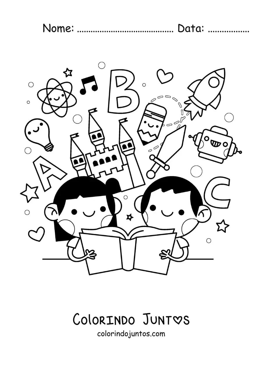 Desenho para colorir de duas crianças lendo um livro com desenhos animados