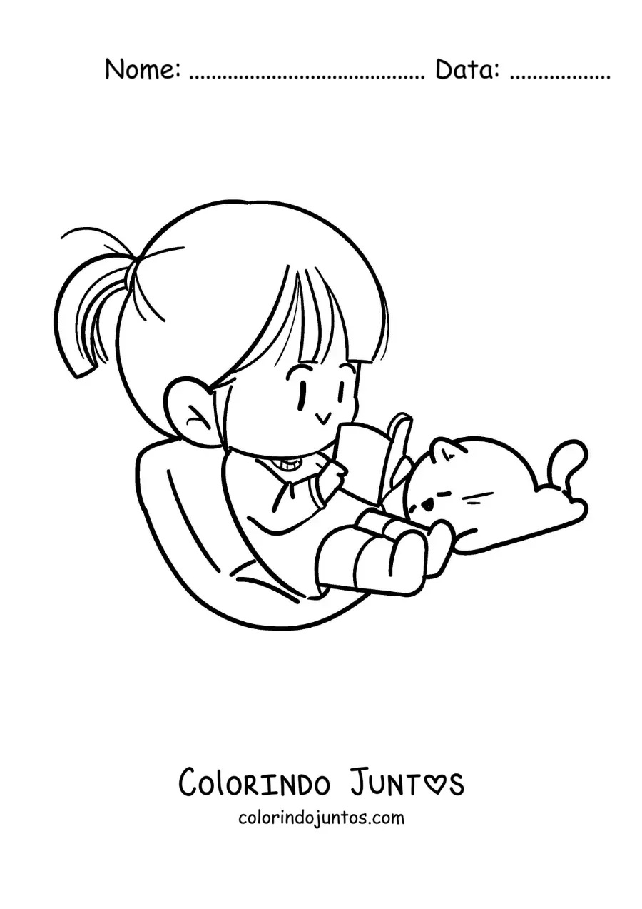 Desenho para colorir de uma menina kawaii sentada lendo um livro ao lado do seu gato