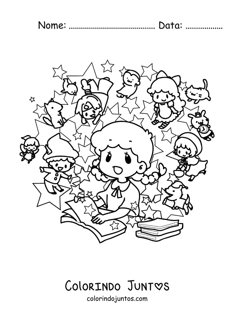 Desenho para colorir de uma menina kawaii lendo um livro com personagens animados que ganham vida