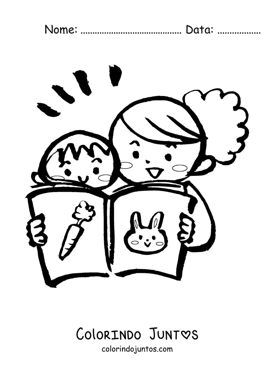 Desenho para colorir de uma mãe lendo uma história com o filho