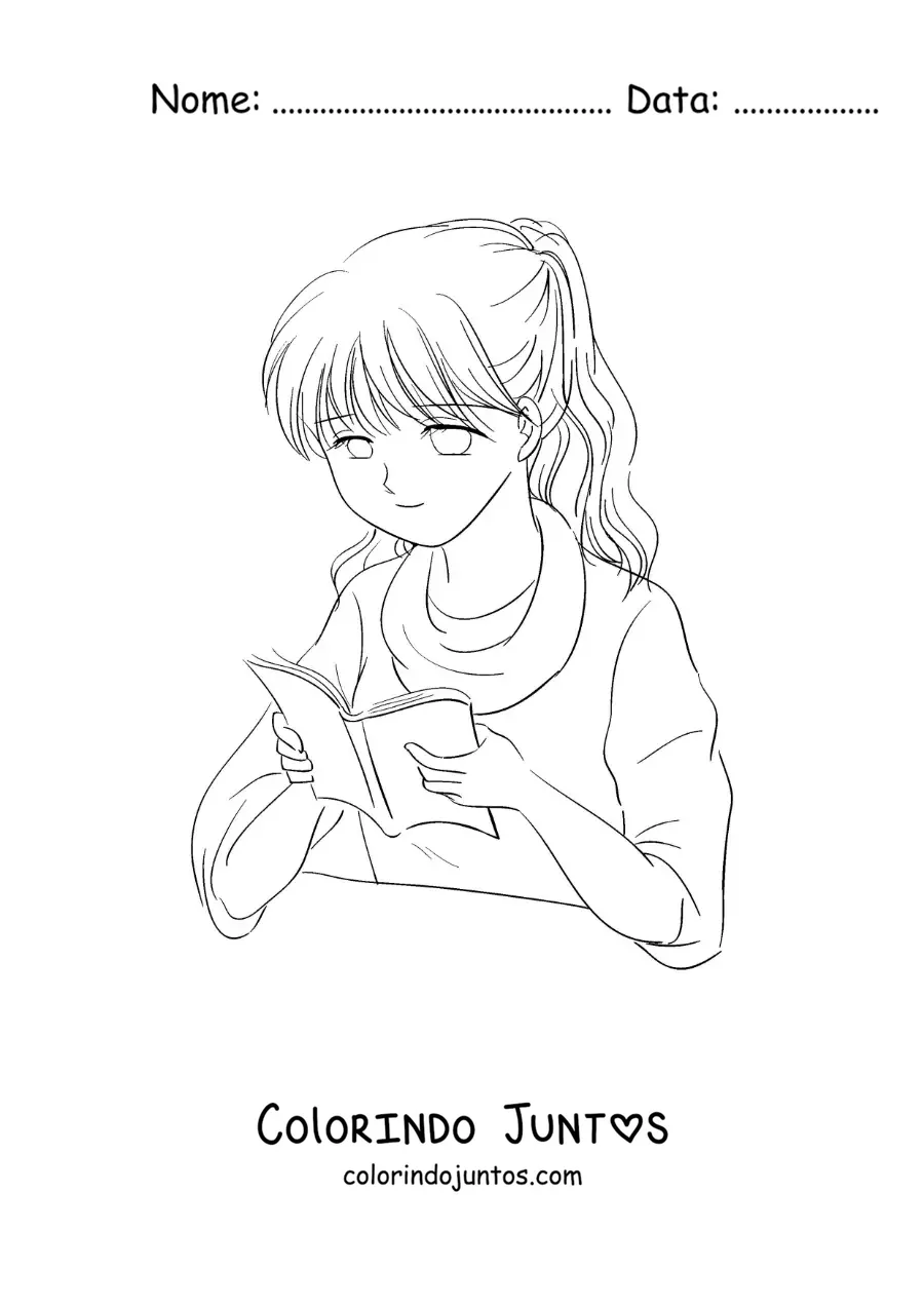 Desenho para colorir de uma garota estilo anime lendo um livro