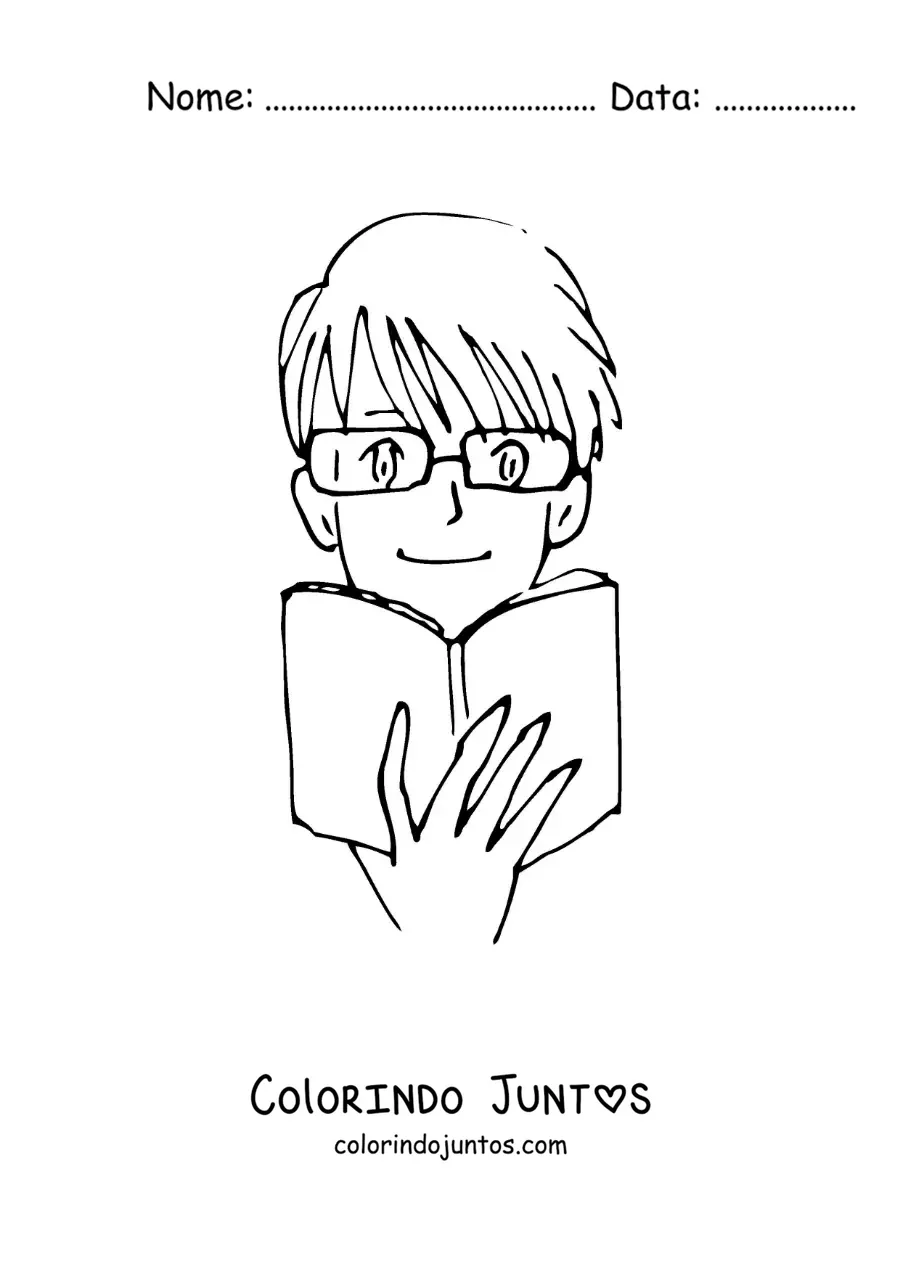 Desenho para colorir de um garoto estilo anime lendo um livro