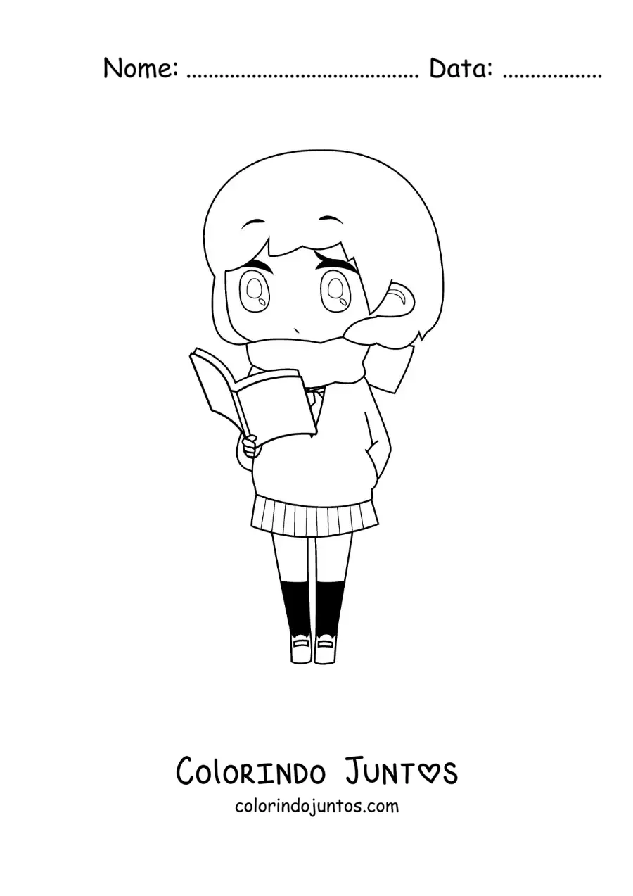 Desenho para colorir de uma garota kawaii estilo chibi lendo um livro