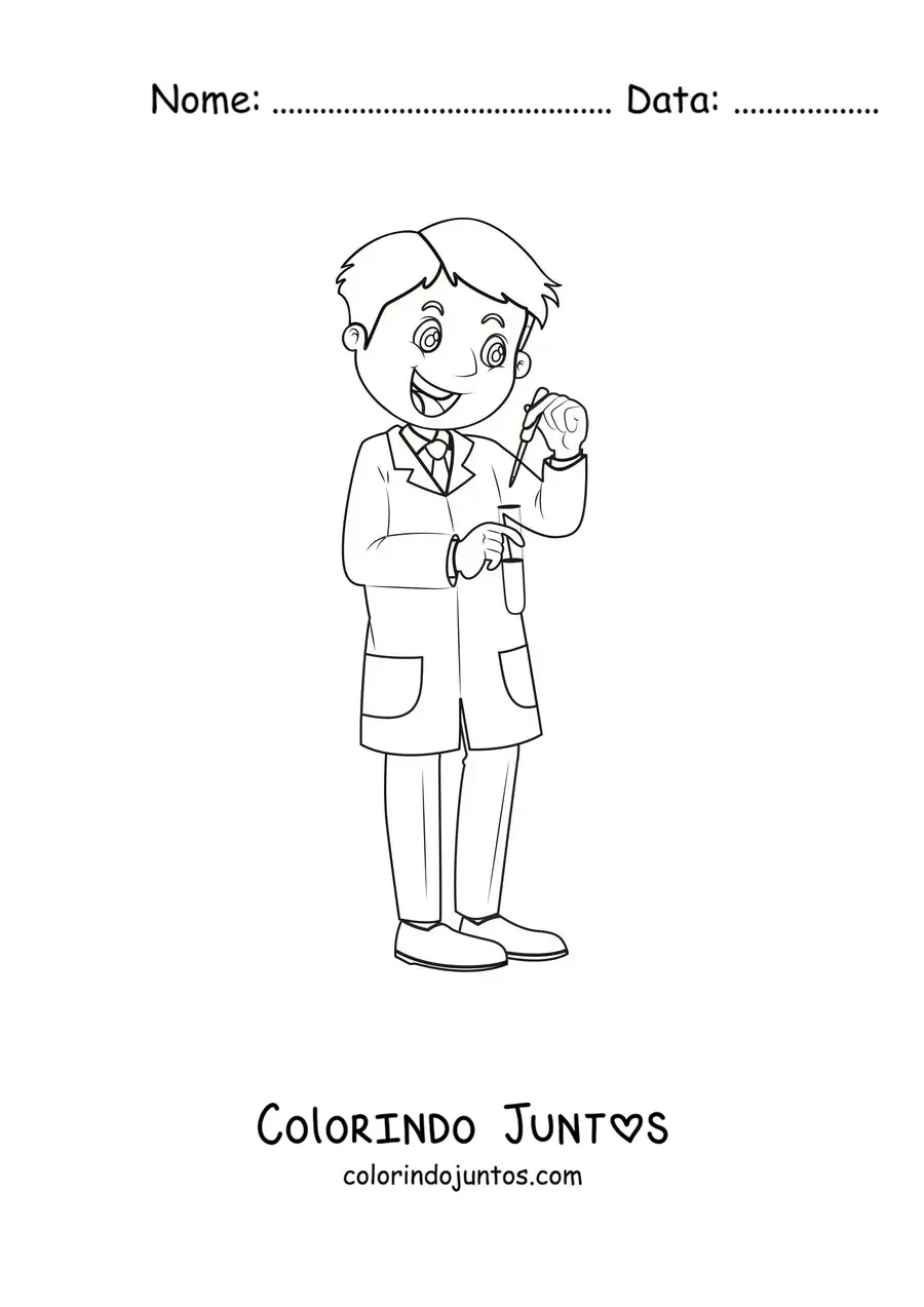 Desenho para colorir de um cientista animado fazendo um experimento em um tubo de ensaio