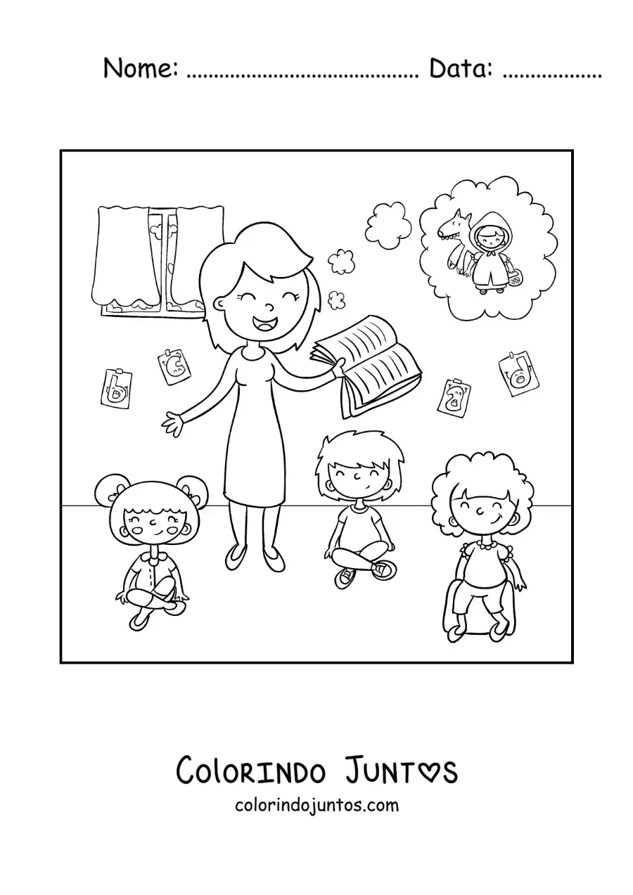 Desenho para colorir de uma professora lendo uma história para seus alunos na sala de aula