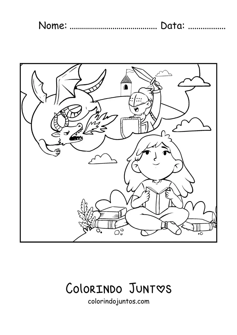 Desenho para colorir de uma menina lendo um conto de fantasia e imaginando os dragões