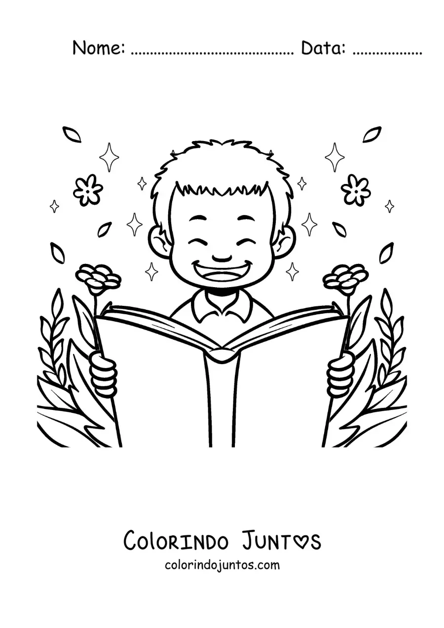 Desenho para colorir de um menino alegre lendo cercado de flores