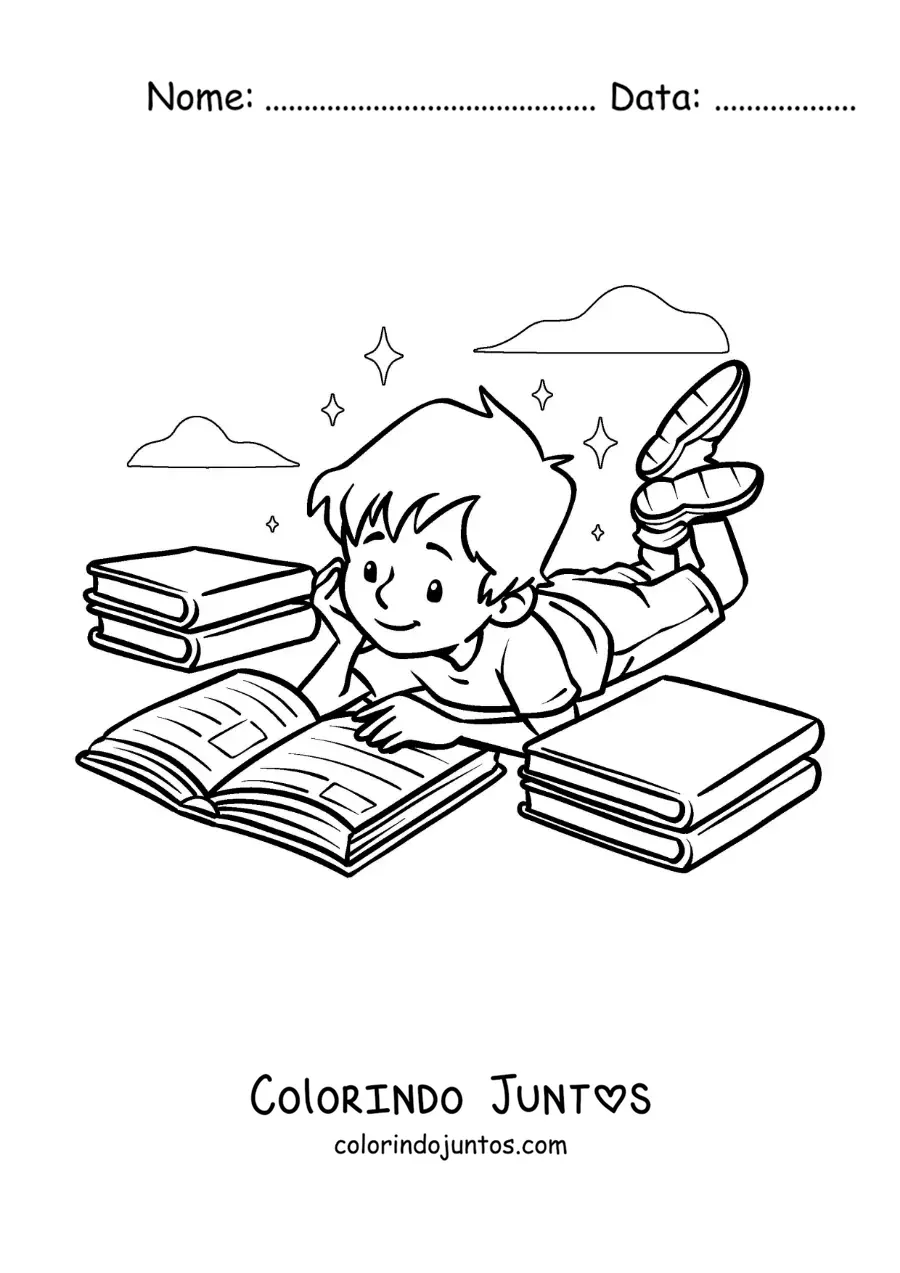 Desenho para colorir de um menino deitado lendo um livro