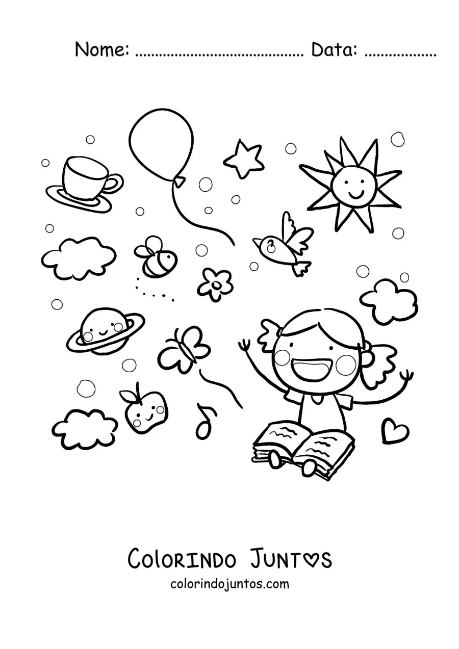 Desenho para colorir de uma menina lendo cercada pelos personagens animados do conto