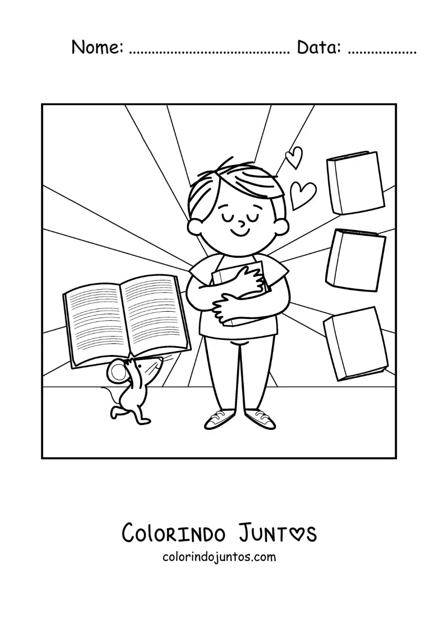 Desenho para colorir de um menino abraçando um livro ao lado de um rato animado que lhe traz mais livros