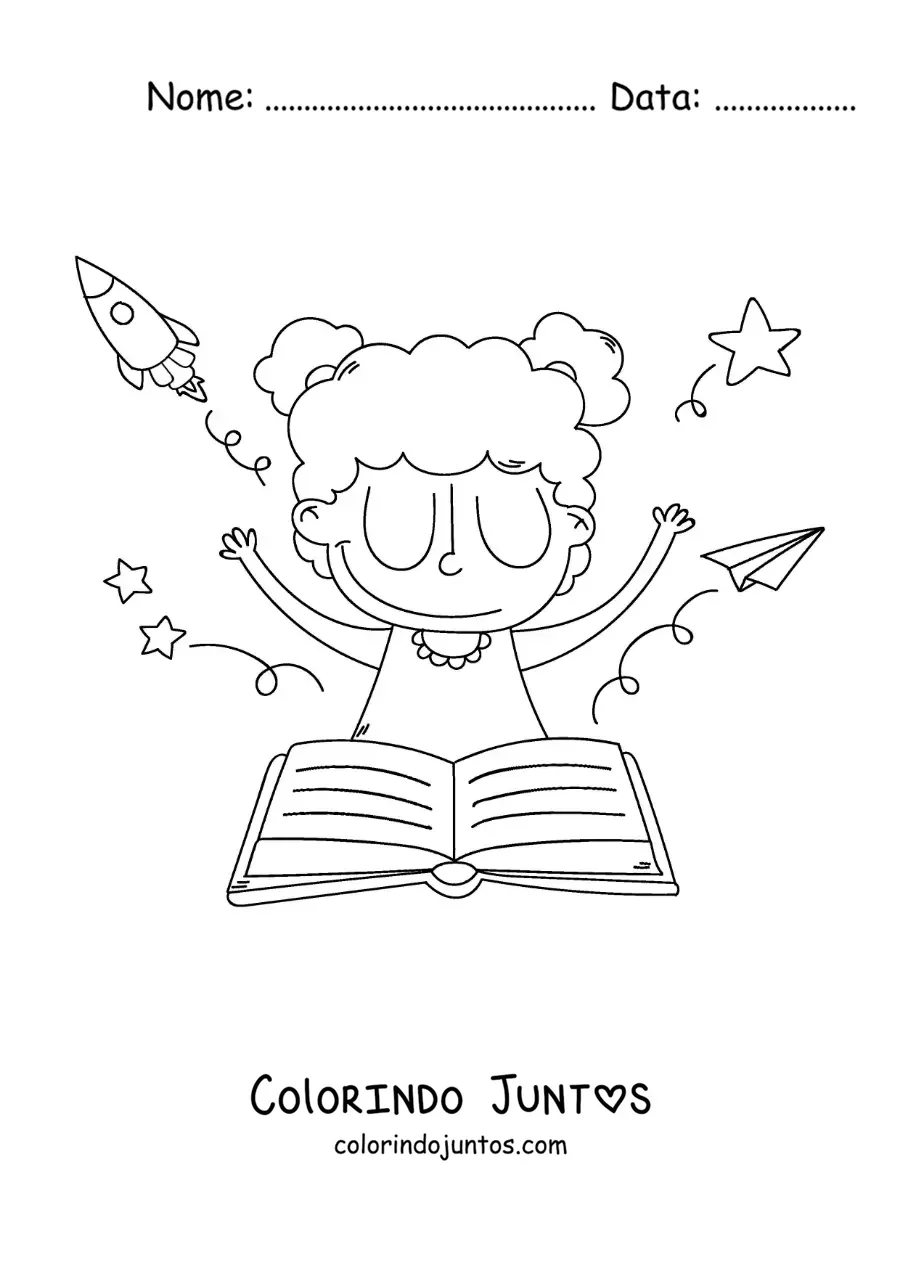 Desenho para colorir de uma menina diante de um livro aberto deixando sua imaginacao voar