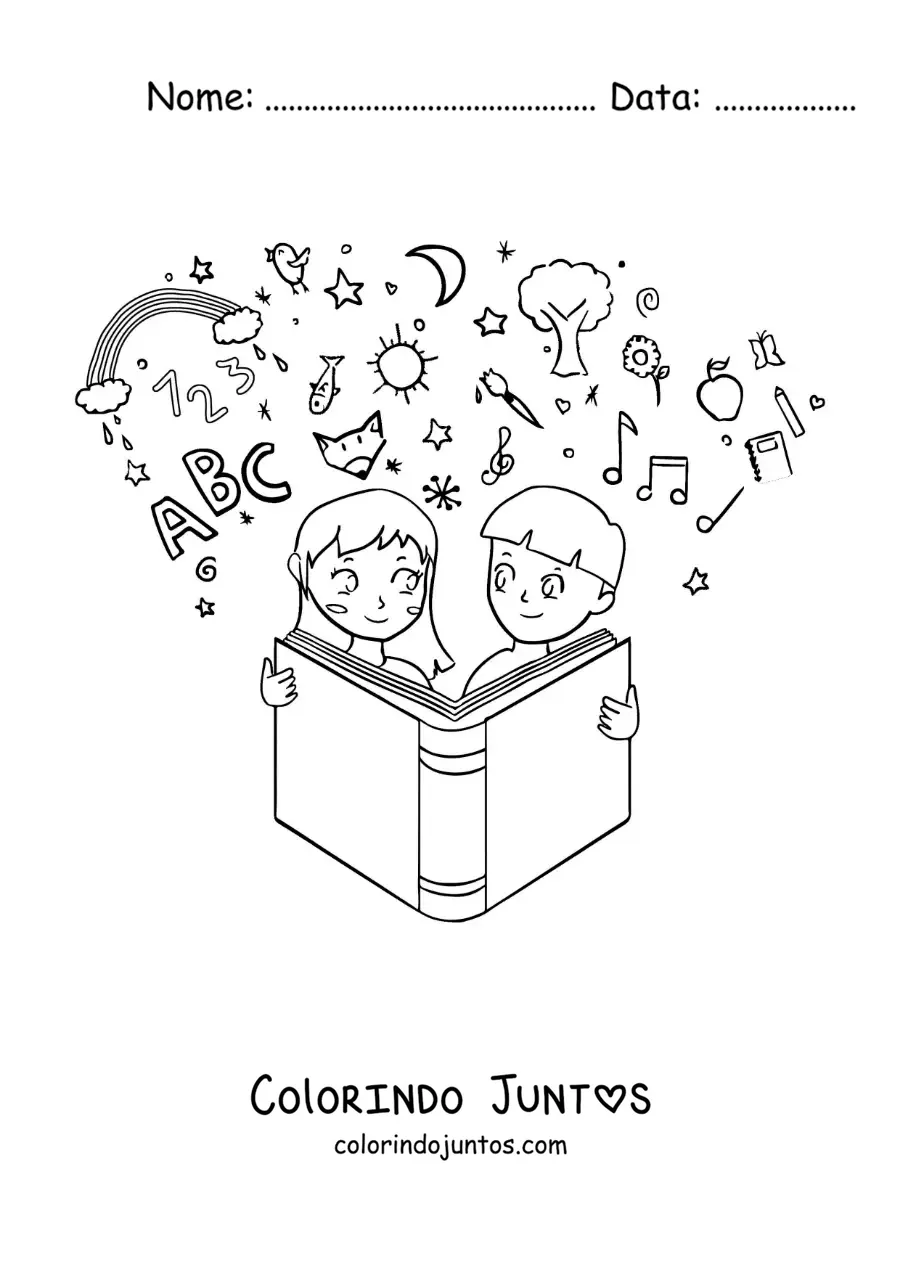 Desenho para colorir de duas criancas lendo um livro para aprender