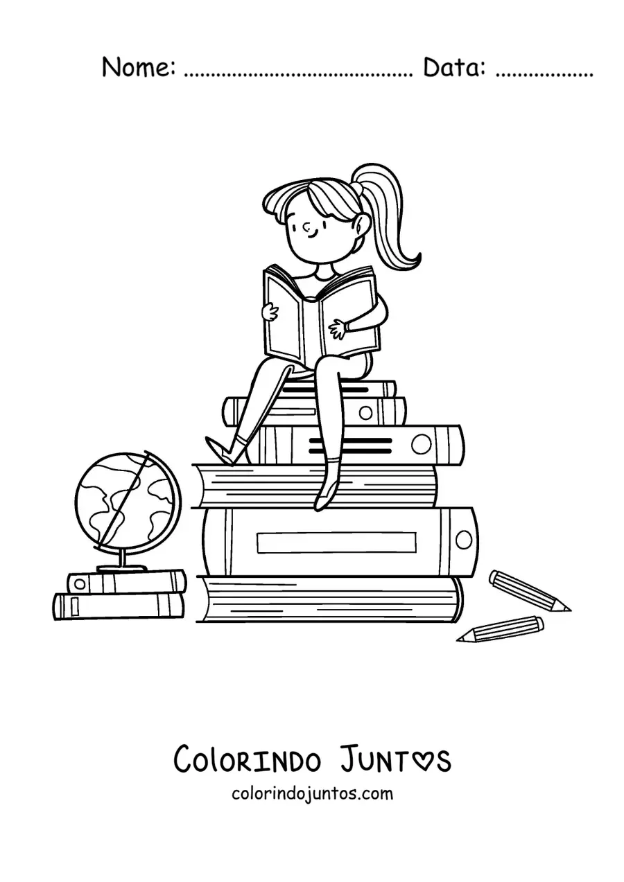 Desenho para colorir de uma menina sentada sobre uma pilha de livros lendo