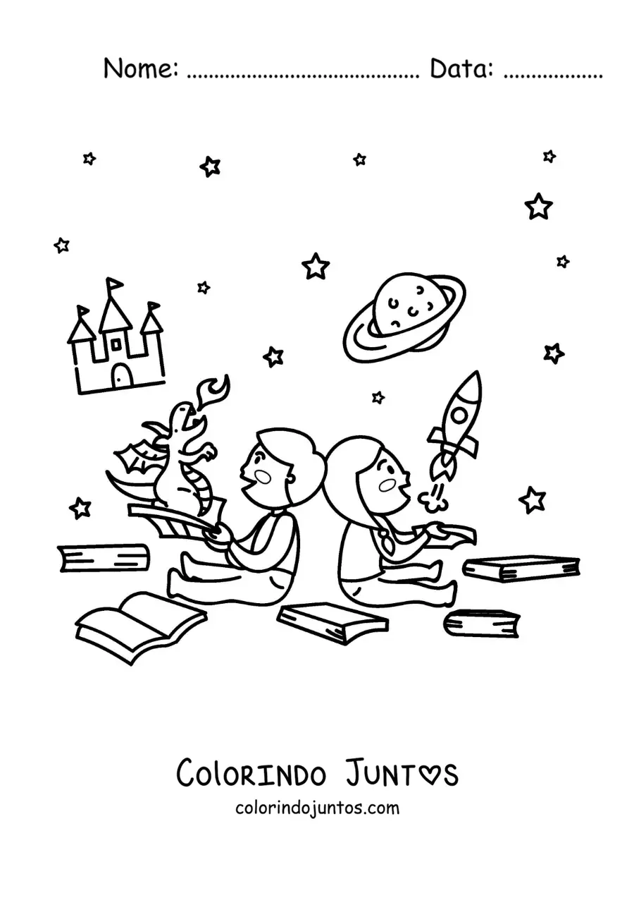 Desenho para colorir de duas criancas sentadas com livros abertos que ganham vida