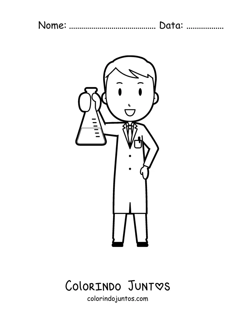 Desenho para colorir de um cientista animado segurando um balão volumétrico
