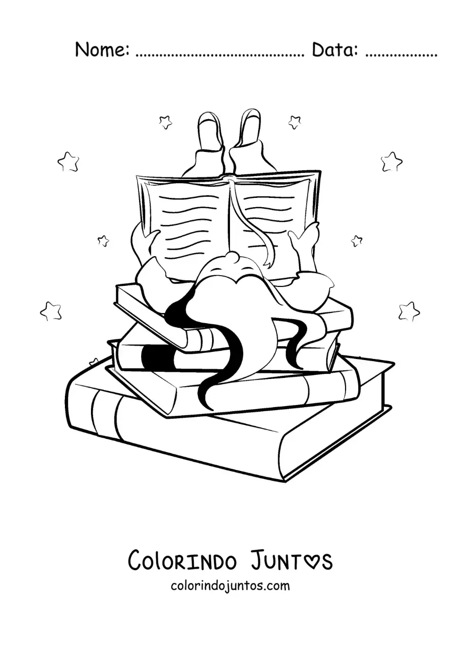 Desenho para colorir de uma menina deitada sobre uma pilha de livros lendo