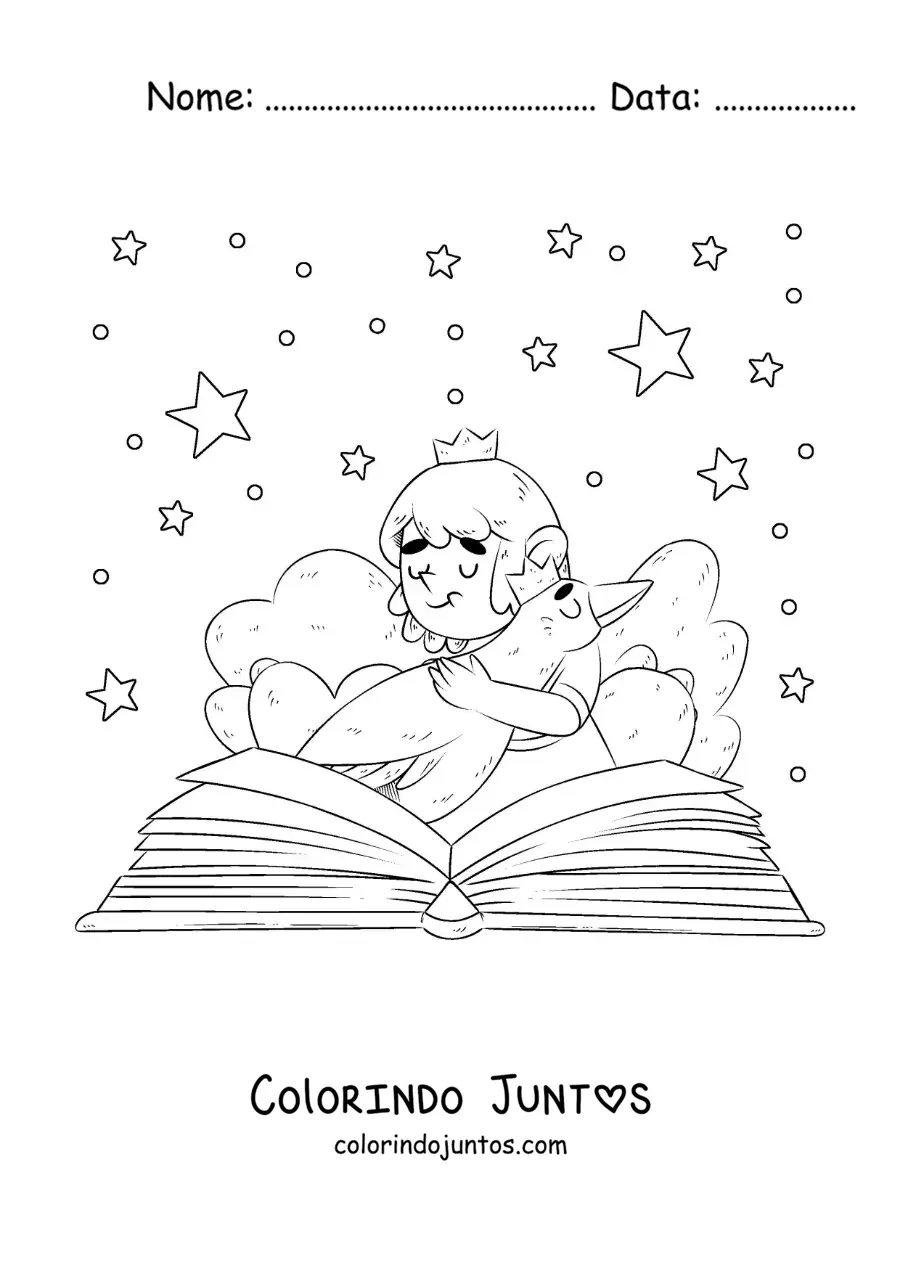 Desenho para colorir de uma princesa abracando um ganso que sai de um livro aberto