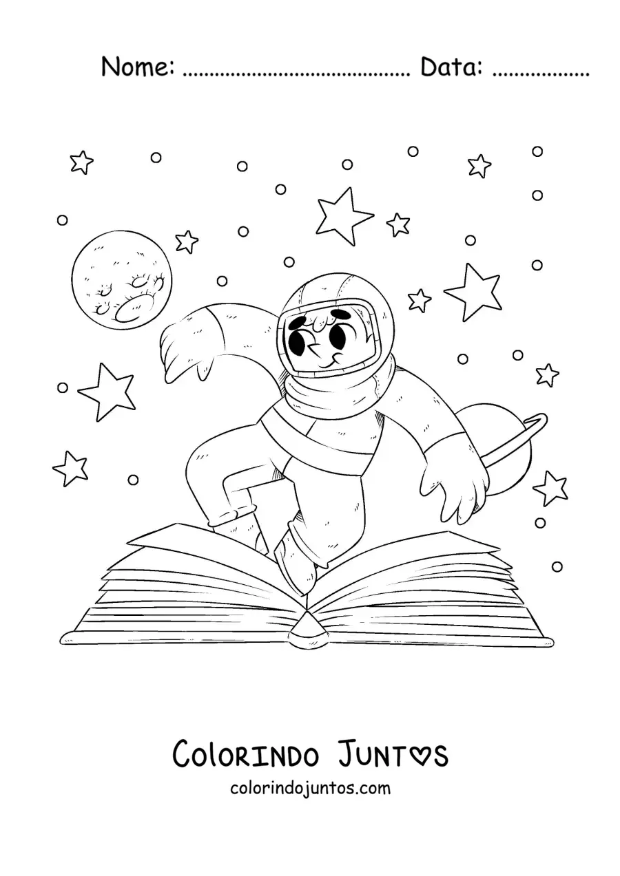 Desenho para colorir de um astronauta no espaco que sai de um livro aberto